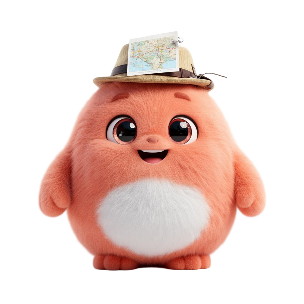 Pip — a warm coral fluffy character with a tiny travel hat